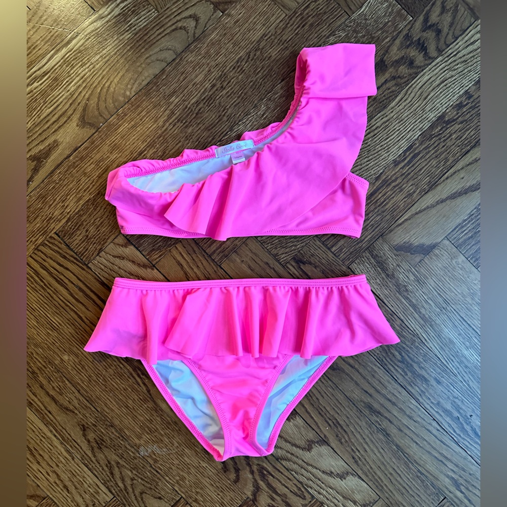 Kids One-Shoulder Ruffle Bikini - Neon Pink